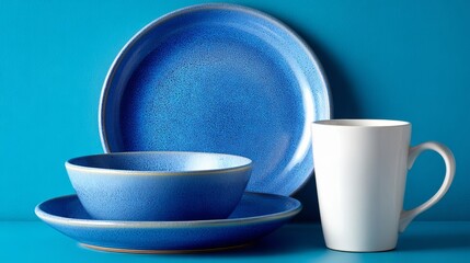 Fototapeta premium A set of blue ceramic plates and a white mug arranged on a blue background