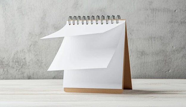 A minimalist desk calendar with a spiral binding, standing on a light wooden surface. The calendar has a blank white page with a simple brown cardboard backing
