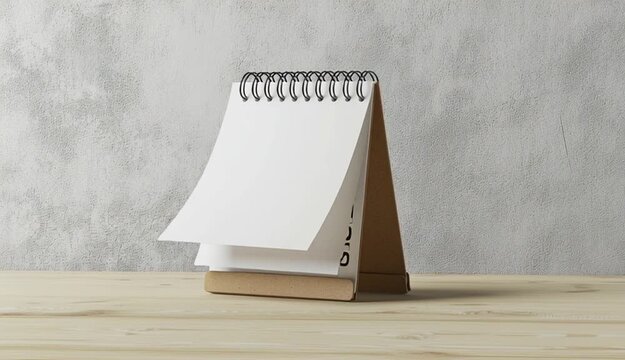 A minimalist desk calendar with a spiral binding, standing on a light wooden surface. The calendar has a blank white page with a simple brown cardboard backing

