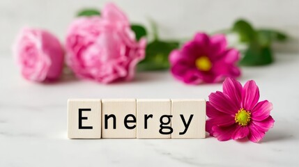 A close-up of wooden blocks spelling the word 'Energy' surrounded by pink roses and flowers on a marble surface.