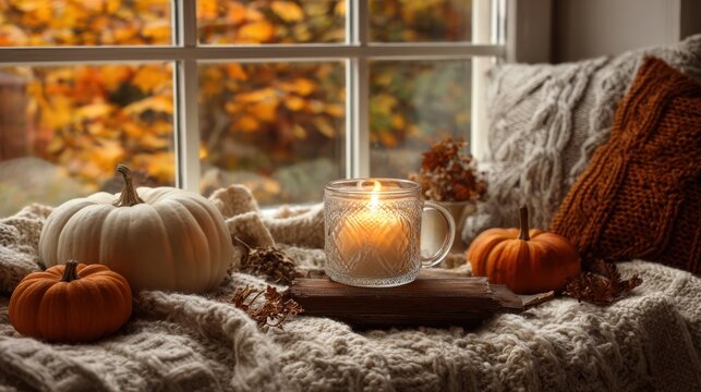 A warm corner showcases a glass candle small pumpkins and a soft blanket. Autumn leaves outside create a colorful backdrop enhancing the cozy atmosphere.