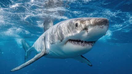 Fototapeta premium A shark is swimming in the ocean with its mouth open. The shark is large and has a menacing look on its face. The water is clear and blue, and the shark is surrounded by other fish