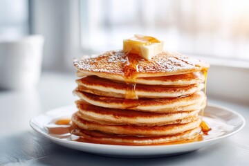 Pancakes stacked high with syrup and butter on a white plate