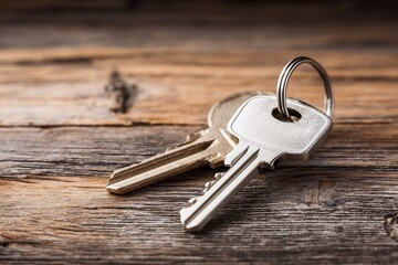 Pair of silver keys with a keyring on a wooden surface
