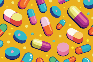 A colorful pattern of pills on a yellow background