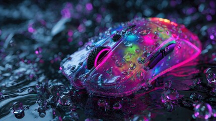 A colorful mouse is sitting on a wet surface. The mouse is surrounded by water droplets, giving it a shiny and reflective appearance. Concept of playfulness and whimsy