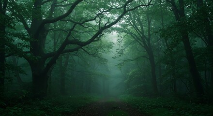 Fototapeta premium A serene and mysterious path through a dense forest, shrouded in mist and lush greenery, inviting exploration and a sense of tranquility and natural beauty