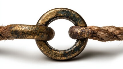Fototapeta premium Close up of metal ring connecting natural fiber rope on white background