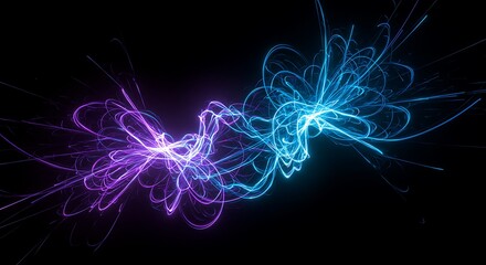 Abstract light painting with blue and purple hues creating a dynamic and energetic composition on a black background, resembling cosmic energy