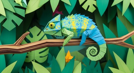 A paper chameleon with blue and green spots on a branch surrounded by paper jungle leaves