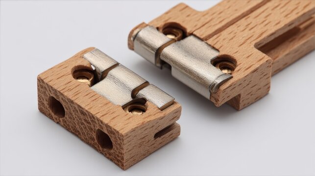 Detailed view of wooden hinge mechanism with metal components in close up