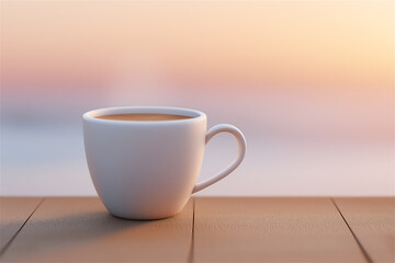 Obraz premium White coffee cup placed on wooden table against calm seascape at sunrise, warm golden tones, minimalist composition with ample copy space for design.