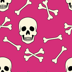 Skull pirate crossbones glamorous seamless pattern. Halloween Pink background in flat style. Vector isolated repeat drawing. Wallpaper bone cartoon illustration design. Pattern with spooky elements.