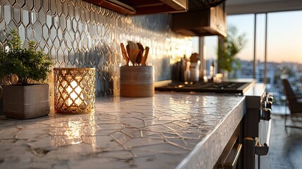 Modern kitchen interior at golden hour sunset light streaming in over the sleek quartz countertops and geometric tile backsplash