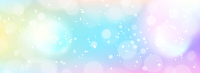 Rainbow Magical unicorn pattern with soft gradient and glitter effects in pink and blue colors. Perfect for kids designs and fantasy themes with copy space. Stock vector illustration in kawaii style.