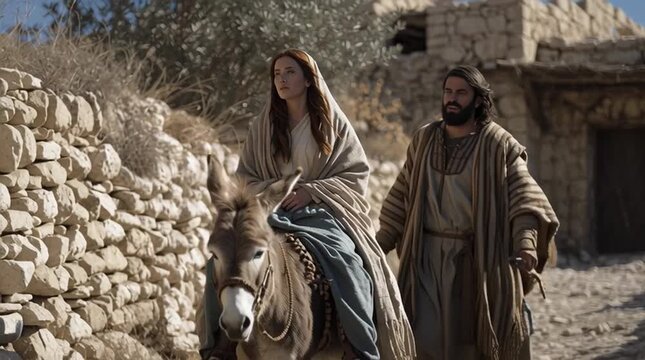 Wide shot of Mary, visibly pregnant, riding a humble donkey as Joseph leads them away from their simple home in Nazareth, cinematic biblical journey scene.