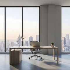 Modern office desk with city view at sunset