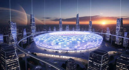 Futuristic city skyline with stadium at sunset