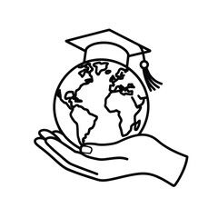 Hand holding a graduation cap on top of the earth