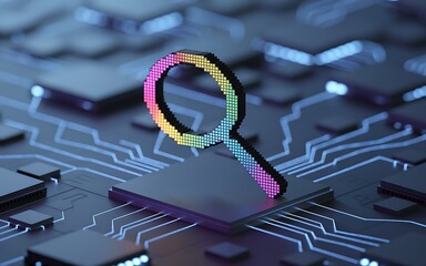 Abstract digital magnifying glass symbol set over a futuristic circuit board representing data search analysis and technology