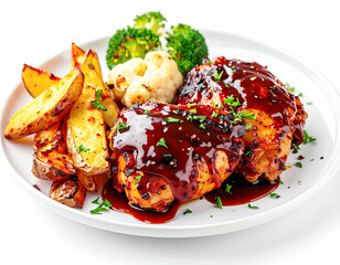 Barbeque sauce chicken thighs served with roasted potato wedges. AI