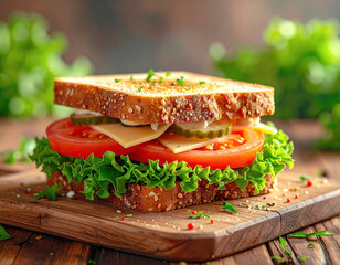 Veggie sandwich on wheat bread, tomato, cheese and lettuce. AI
