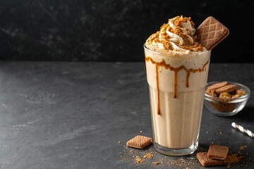 studio shot of spiced caramel biscuit milkshake with whipped cream and cookie topping, dark minimal background