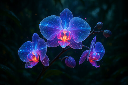 Fantasy glowing orchids with water droplets in a dark mystical forest, luminous petals in blue and pink bioluminescent light