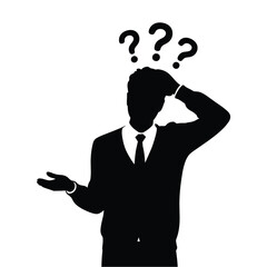 Silhouette of a confused businessman with question marks above his head