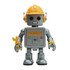 A vintagestyle silver robot toy with a yellow hard hat and wrench, isolated on transparent background