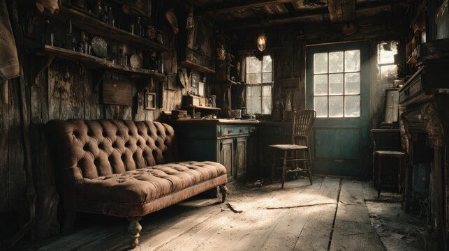 An abandoned wild west interior of a saloon dilapidated and dusty broken furniture haunting and atmospheric mood