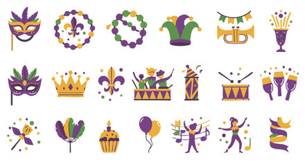 Vector icons set Mardi Gras parade carnival culture celebration