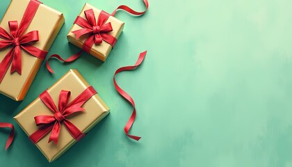 Colorful gift boxes with red ribbons on green background 