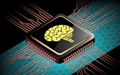 Artificial intelligence concept depicting a microchip representing human brain function with circuitry and modern technology visualization