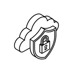 Cloud security shield with padlock icon isometric line art