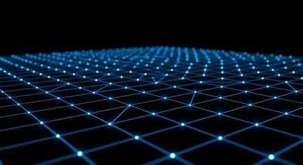 Abstract blue glowing grid on a dark background, representing a futuristic technology or a digital network with interconnected nodes and data flow