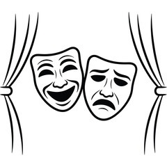 Comedy and tragedy theater masks behind stage curtains