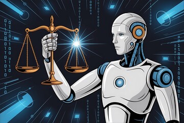 An intelligent robot holds scales representing artificial intelligence in law justice and future concepts with binary code background illustration.