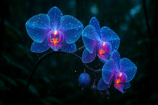 Glowing orchids with water droplets in a dark mystical forest, luminous petals in blue and pink bioluminescent light