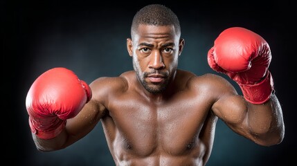 A man in a boxing ring with his hands up in the air. He is wearing red gloves