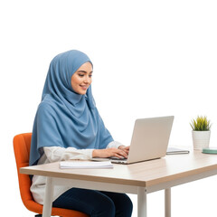 Young muslim woman wearing a hijab working on a laptop isolated on transparent background