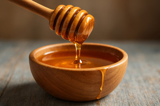 Golden honey dripping from wooden dipper into wooden bowl on rustic table in warm natural light close up - Powered by Adobe