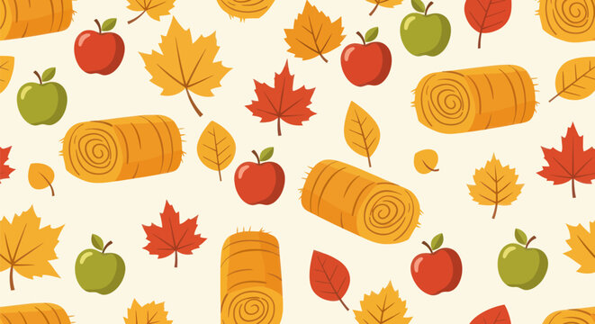 Fall seamless pattern hay bales, apples, colored leaves on beige