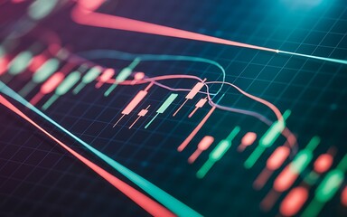 Analyzing financial data on a screen with colorful candlestick charts and trend lines showing market trends and patterns