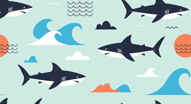 Pattern of stylized sharks, waves, and sun on a light blue background
