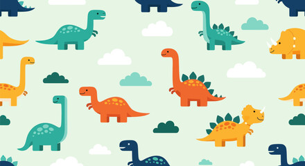 Childlike dinosaur pattern on a pale green background with clouds © masiku