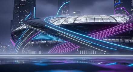 Futuristic stadium with neon lights at night