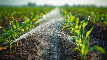 Irrigation process in a vibrant corn field with water spraying effect