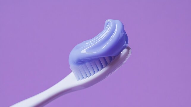 Purple toothpaste on white toothbrush with soft pastel purple background