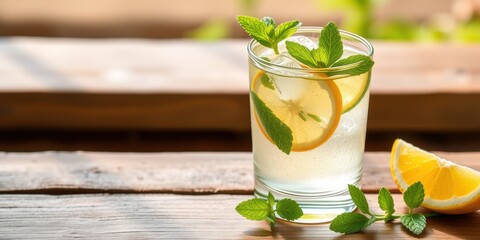 Refreshing summer drink with lemon, mint, and ice on a rustic wooden table outdoors.